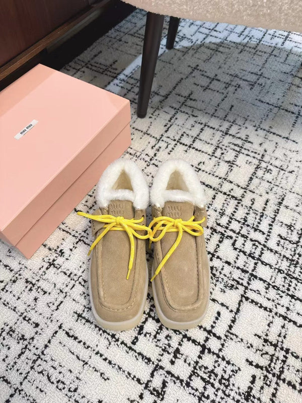 Miu Ankle Boots Light Brown Fleece Lining Cow Suede