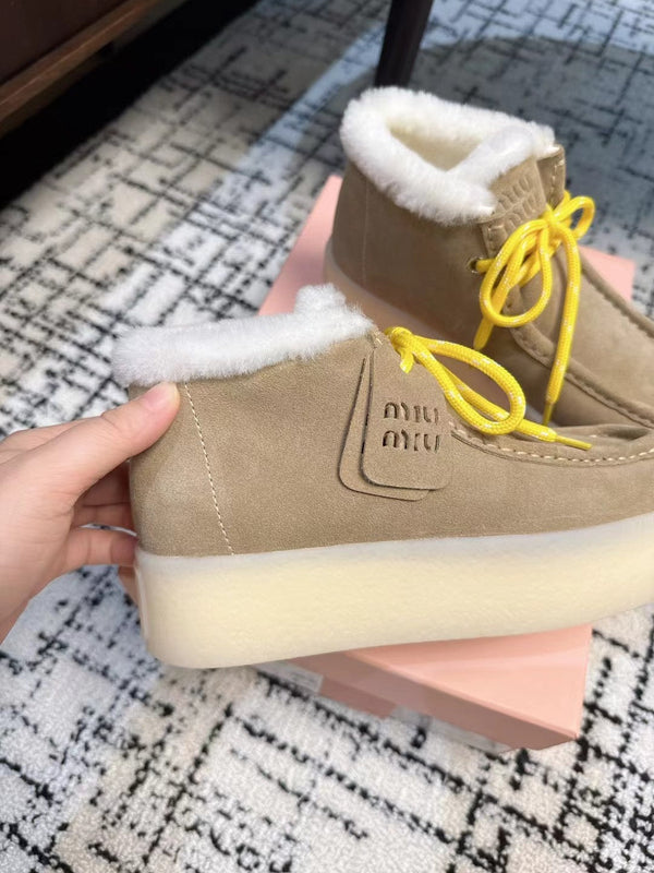 Miu Ankle Boots Light Brown Fleece Lining Cow Suede