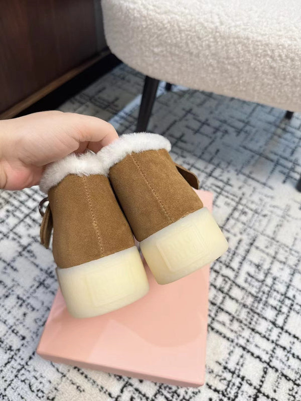 Miu Ankle Boots Brown Yellow Fleece Lining Cow Suede