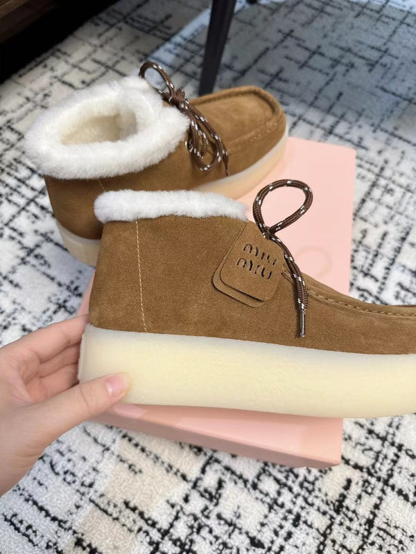 Miu Ankle Boots Brown Yellow Fleece Lining Cow Suede