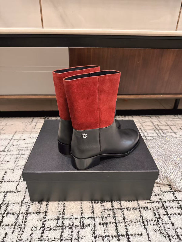 Chanel 25A Winter New Low Boots Black Red Cowhide 393514