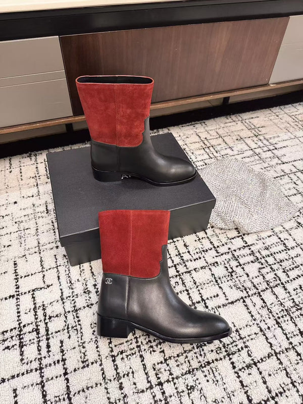 Chanel 25A Winter New Low Boots Black Red Cowhide 393514