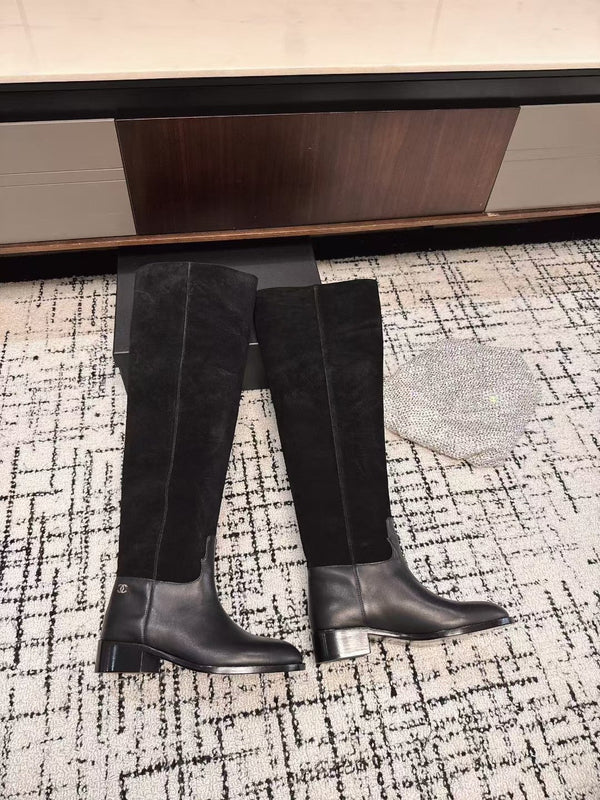 Chanel 25A Winter New Thigh Boots Black Cowhide Mix Suede 393520