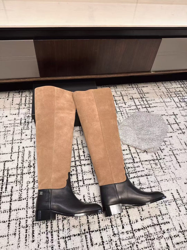 Chanel 25A Winter New Thigh Boots Black Brown Cowhide Mix Suede 393521