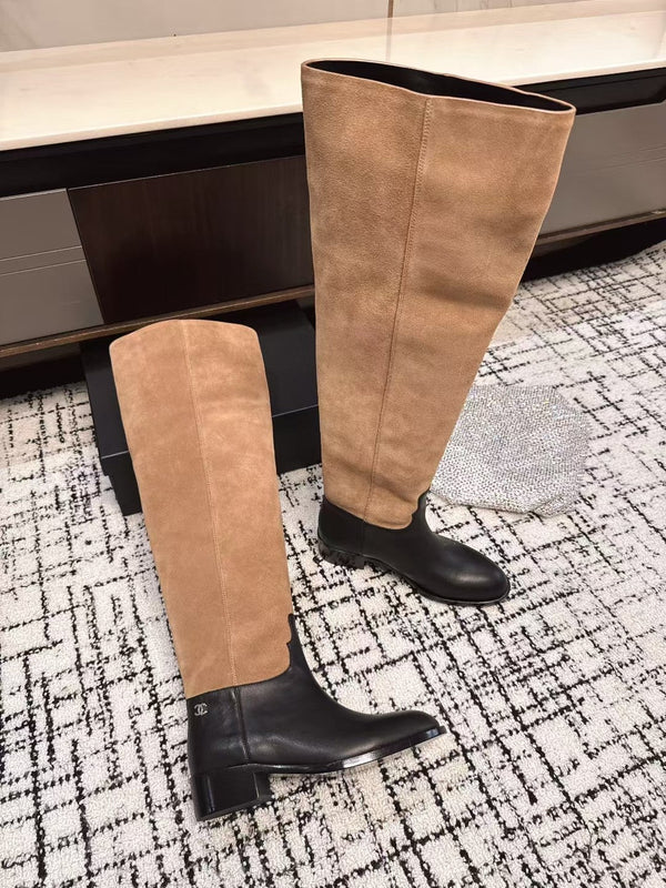 Chanel 25A Winter New Thigh Boots Black Brown Cowhide Mix Suede 393521