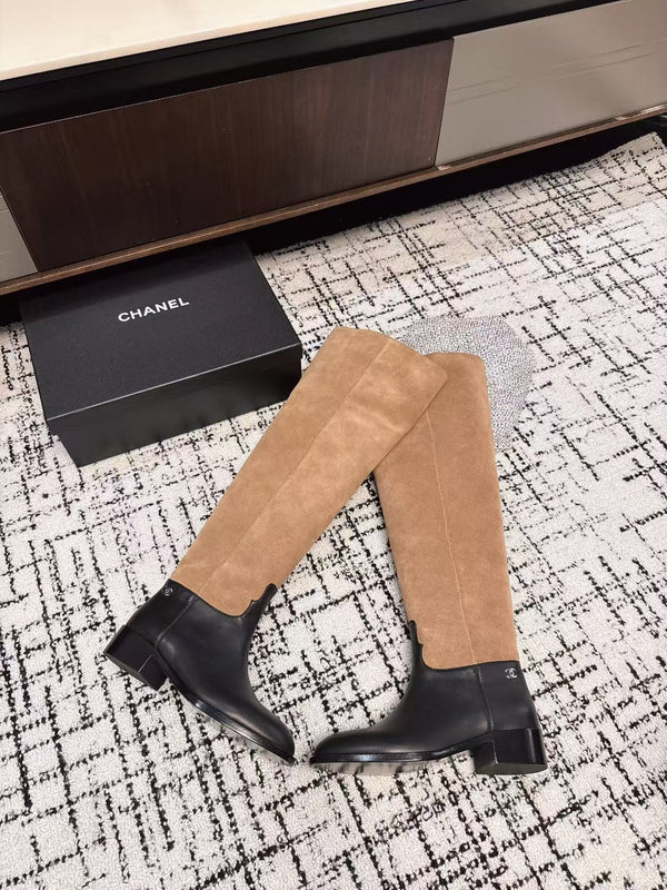 Chanel 25A Winter New Thigh Boots Black Brown Cowhide Mix Suede 393521