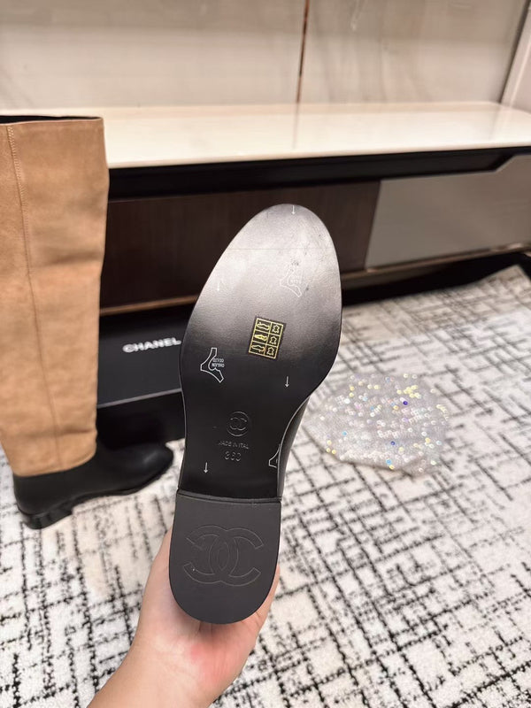 Chanel 25A Winter New Thigh Boots Black Brown Cowhide Mix Suede 393521