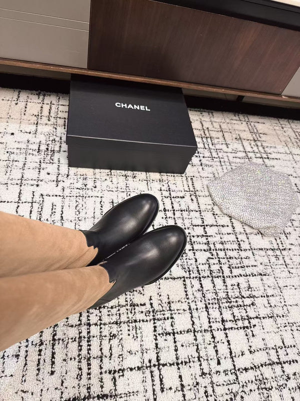 Chanel 25A Winter New Thigh Boots Black Brown Cowhide Mix Suede 393521