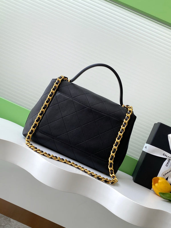 cc 25S Vintage Flap Bag 28cm Top Handle Black Calfskin