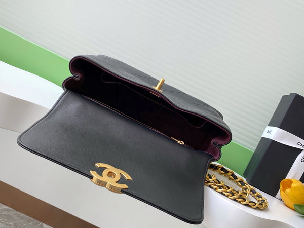 cc 25S Vintage Flap Bag 28cm Top Handle Black Calfskin