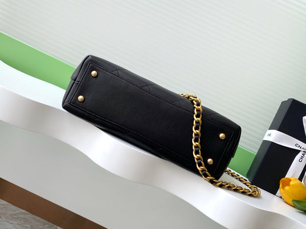 cc 25S Vintage Flap Bag 28cm Top Handle Black Calfskin