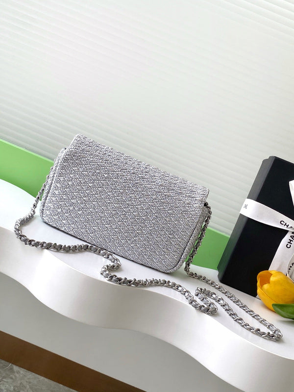 cc 25S Flap Bag 20cm Silver Raffia