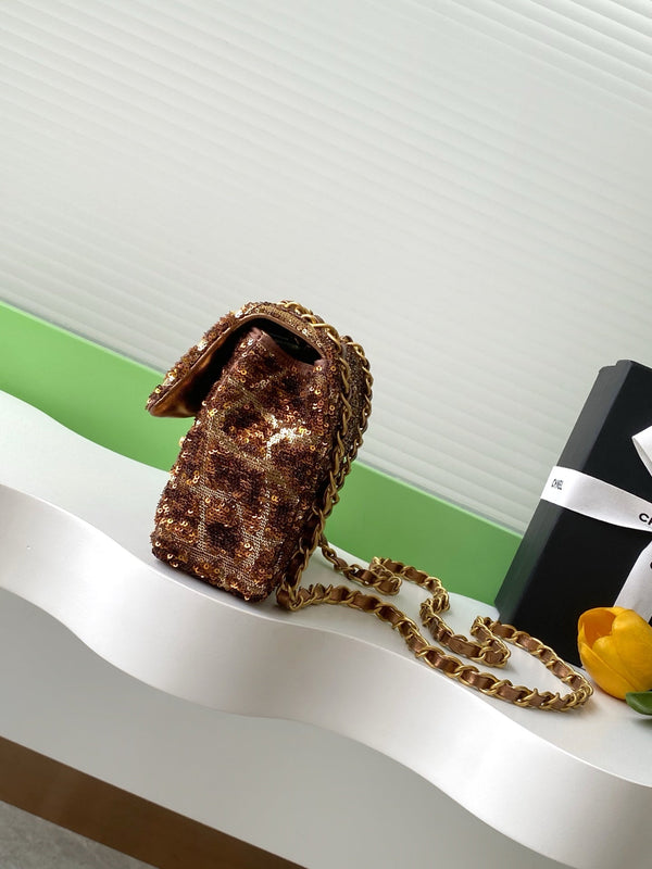 cc 25S Flap Bag 21cm Brown Gold Sequin Calfskin