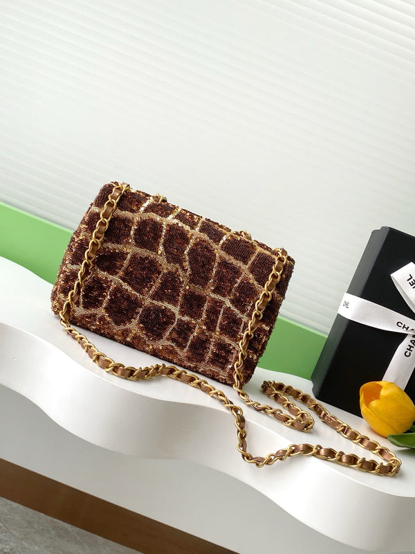 cc 25S Flap Bag 21cm Brown Gold Sequin Calfskin