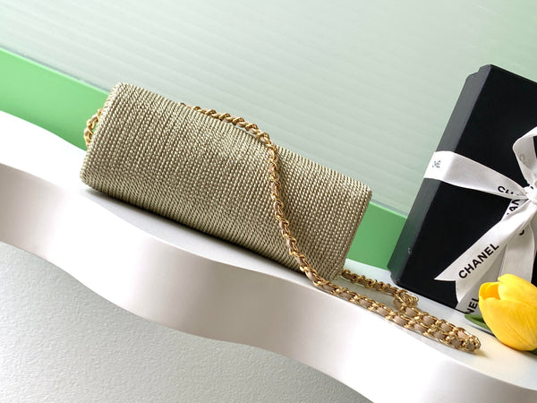 CC 2025 Woven Bag 19cm Gold Raffia Leather 296398