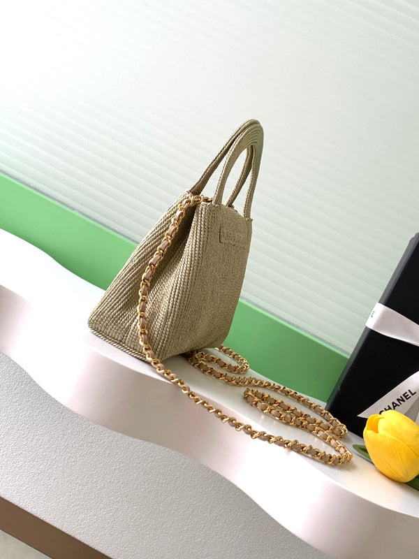 CC 2025 Woven Bag 19cm Gold Raffia Leather 296398