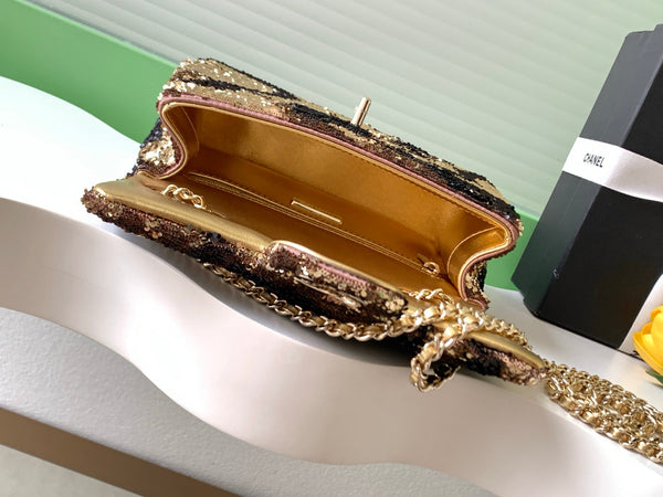 CC 2025 Flap Bag Brown Gold Sequin 298199