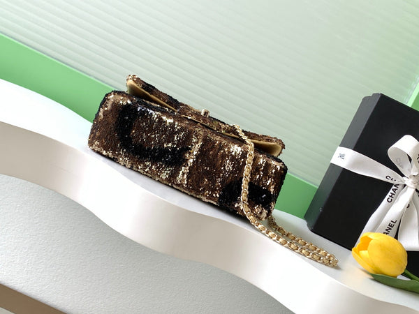 CC 2025 Flap Bag Brown Gold Sequin 298199