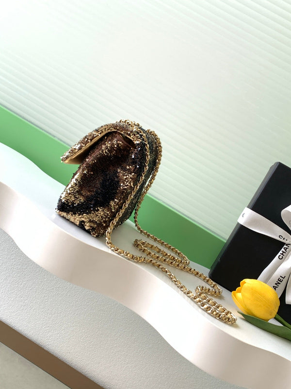 CC 2025 Flap Bag Brown Gold Sequin 298199