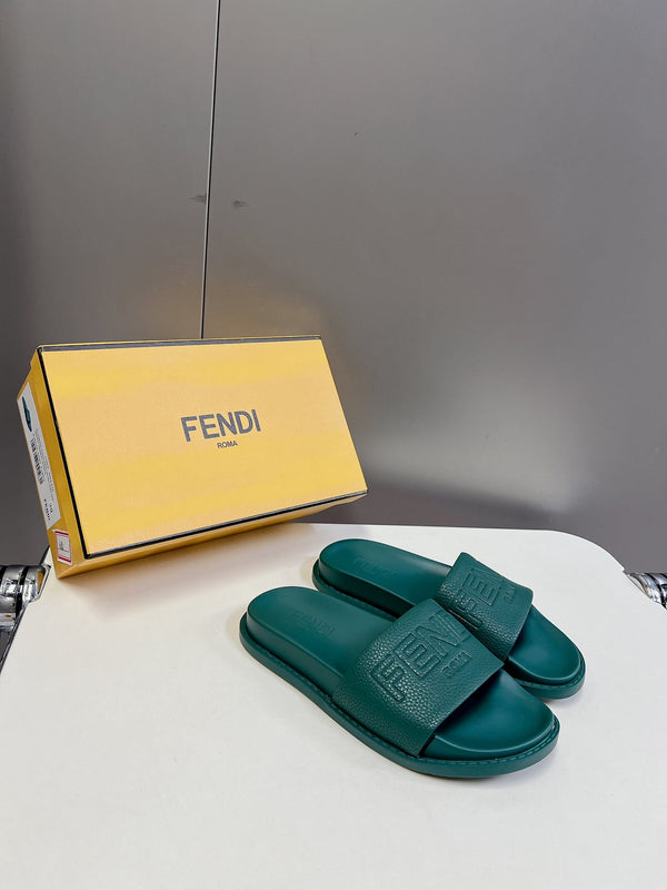FENDI ROMA SLIDES IN TEAL GREEN LAMBSKIN LEATHER