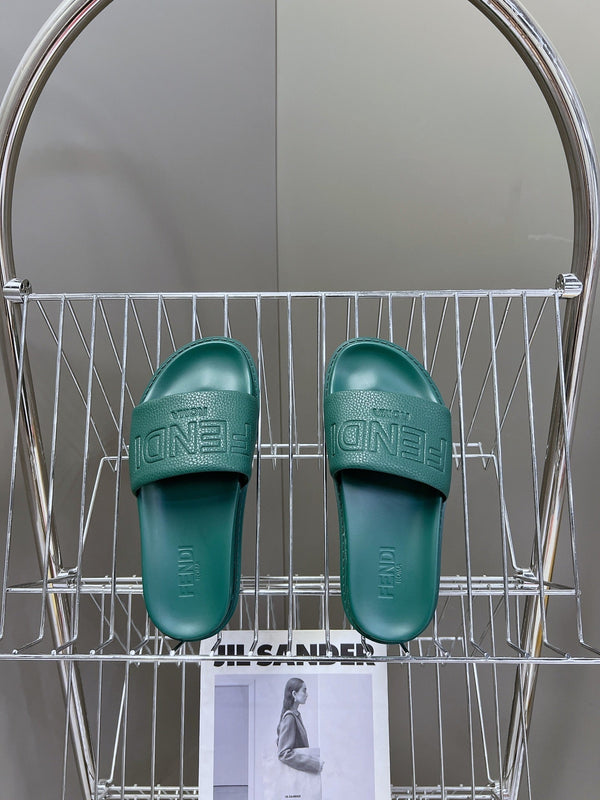 FENDI ROMA SLIDES IN TEAL GREEN LAMBSKIN LEATHER