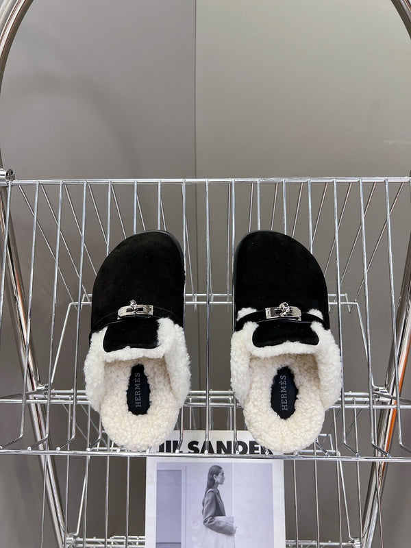 OZ Mule Black Suede White Shearling