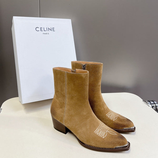 CELINE 25 Cowboy Boots Light Brown Suede 434415