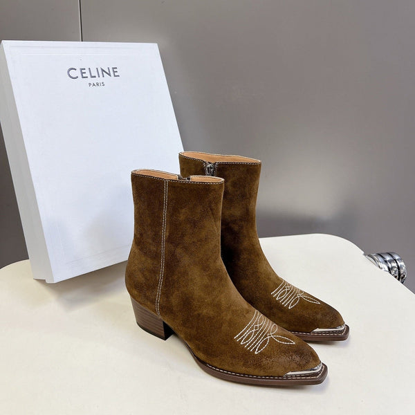 CELINE 25 Cowboy Boots Brown Suede 434416