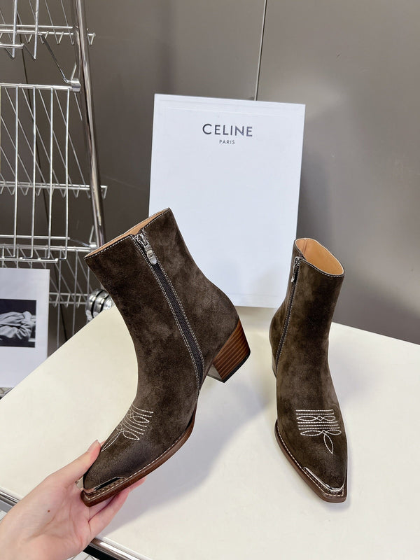 CELINE 25 Cowboy Boots Dark Brown Suede 434417