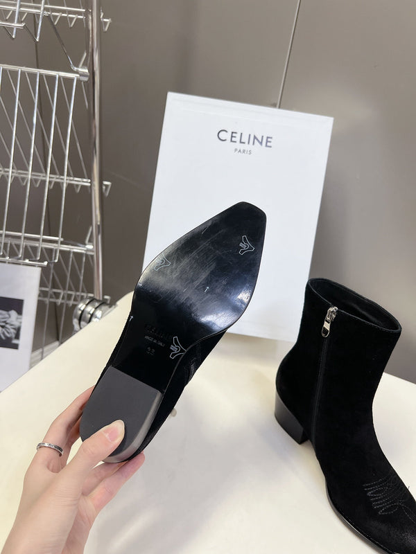 CELINE 25 Cowboy Boots Black Suede 434418