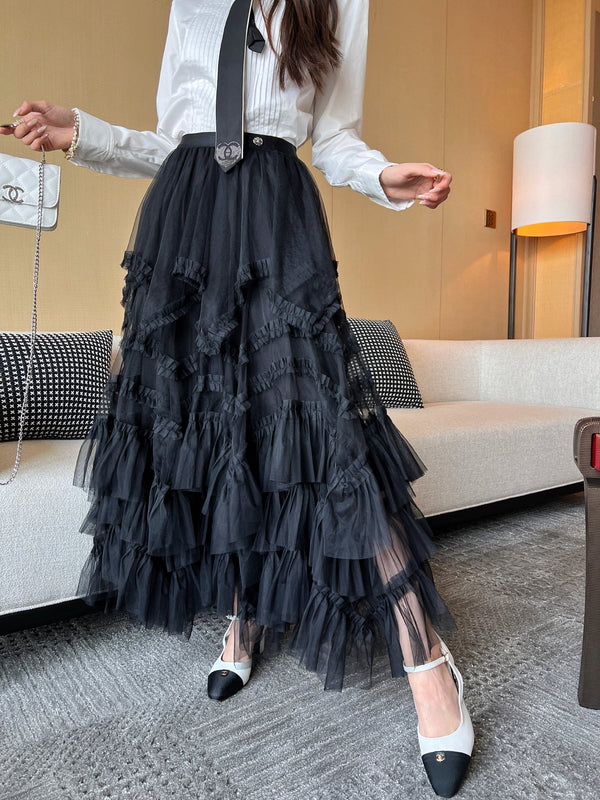 CC 25 Mesh Long Skirt Black Polyester Fiber