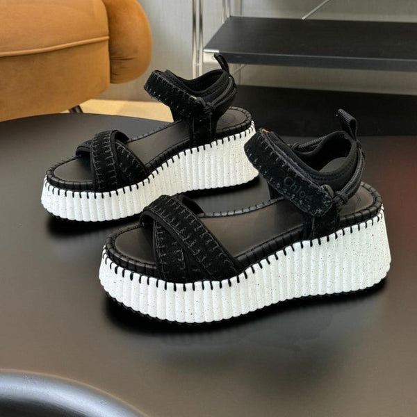 CHLOÉ NAMA WEDGE SANDAL 8 CM IN BLACK SUEDE AND WHITE RUBBER