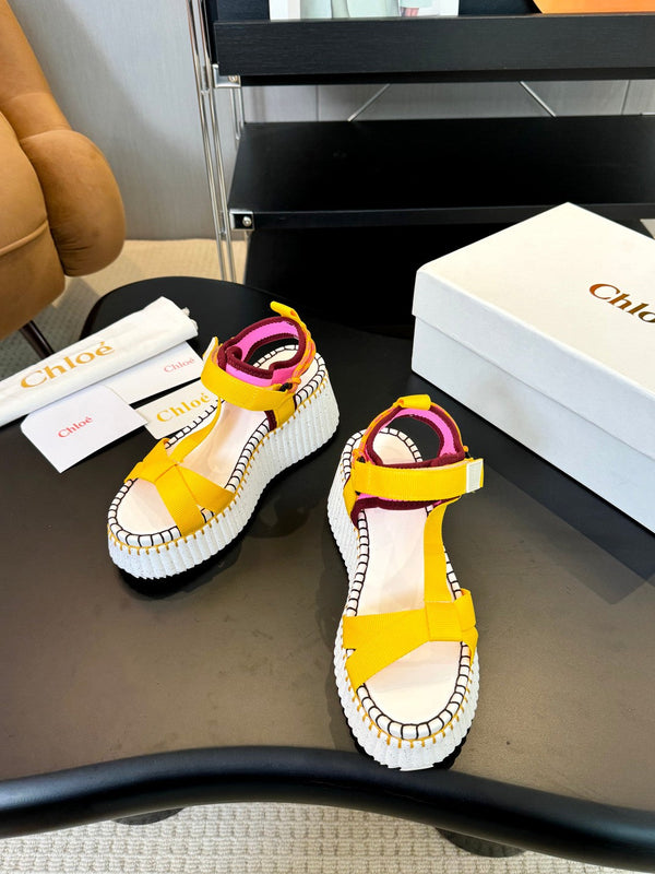 CHLOÉ NAMA WEDGE SANDALS IN BRIGHT YELLOW FABRIC AND WHITE RUBBER