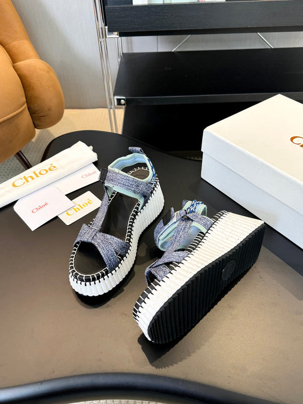 CHLOÉ NAMA WEDGE SANDALS IN GREY FABRIC AND WHITE RUBBER