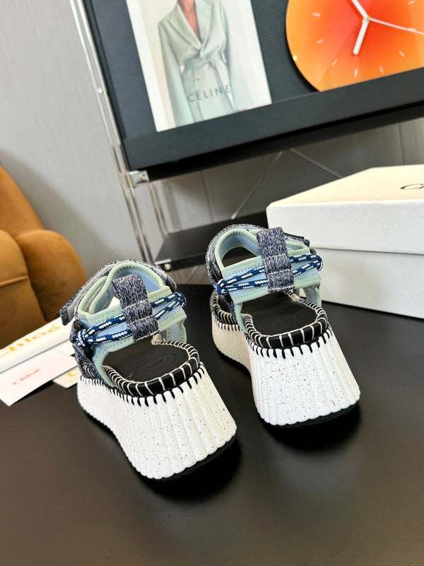 CHLOÉ NAMA WEDGE SANDALS IN GREY FABRIC AND WHITE RUBBER