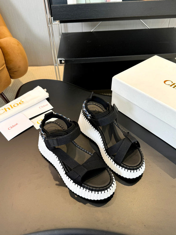 CHLOÉ NAMA WEDGE SANDALS IN BLACK FABRIC AND WHITE RUBBER