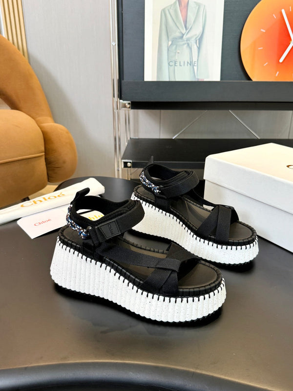 CHLOÉ NAMA WEDGE SANDALS IN BLACK FABRIC AND WHITE RUBBER
