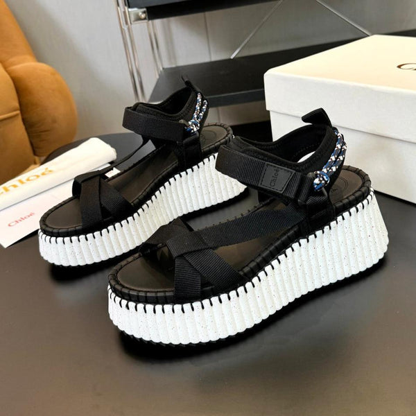 CHLOÉ NAMA WEDGE SANDALS IN BLACK FABRIC AND WHITE RUBBER