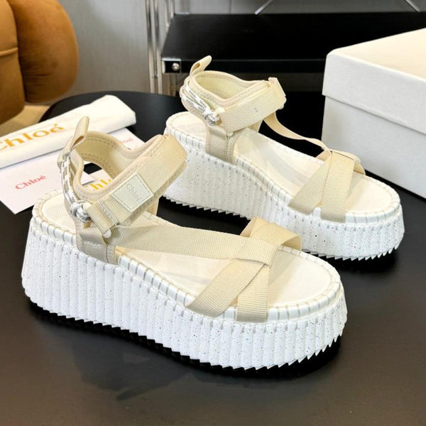 CHLOÉ NAMA WEDGE SANDALS IN BEIGE FABRIC AND WHITE RUBBER