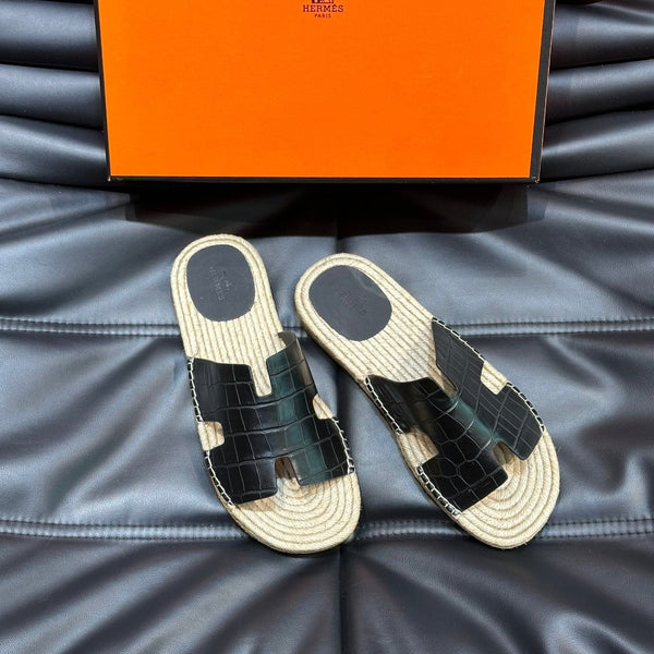 HM ANTIGUA ESPADRILLE SANDAL BLACK CALFSKIN WITH CROCODILE MOTIF