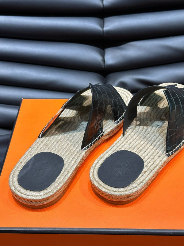 HM ANTIGUA ESPADRILLE SANDAL BLACK CALFSKIN WITH CROCODILE MOTIF