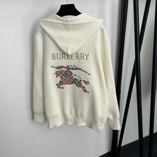 Burberry 25 Zipper-Up Hooded Knit Cardigan Off-white Wool
