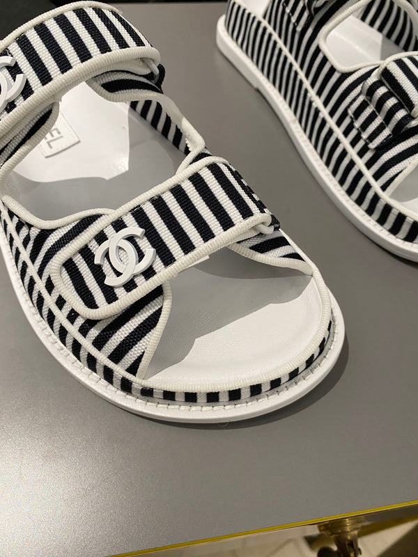 dad sandal mule striped black white fabric calfskin