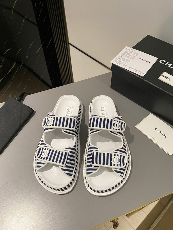 sandalo da papà mulo a righe blu scuro tessuto bianco pelle di vitello