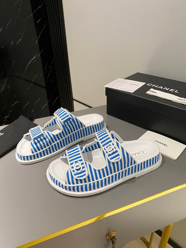 dad sandal mule striped ocean blue white fabric calfskin