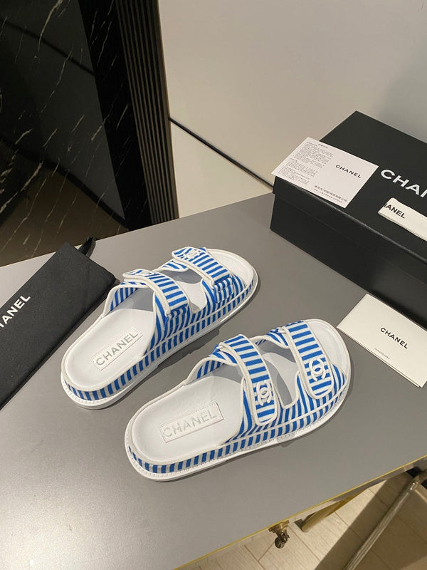 dad sandal mule striped ocean blue white fabric calfskin