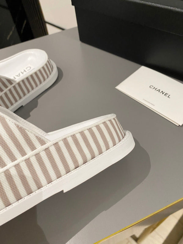 dad sandal mule striped brown white fabric calfskin