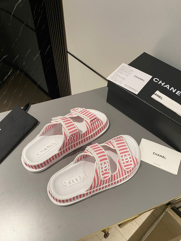 dad sandal mule striped pink white fabric calfskin