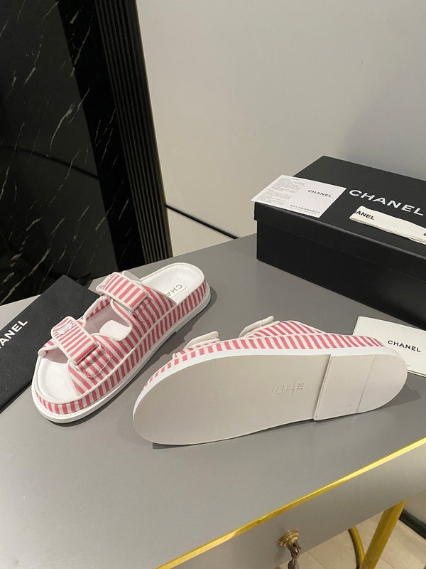 dad sandal mule striped pink white fabric calfskin