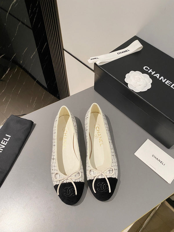 ballet flat white brown tweed black velvet